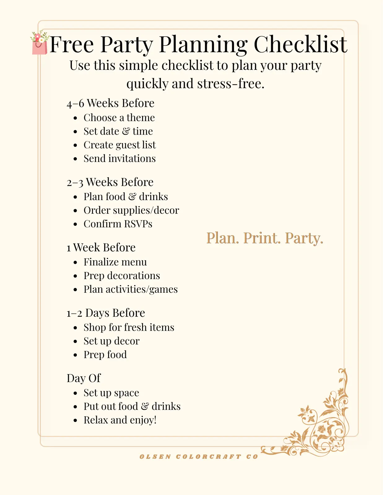 Preview of the free Olsen Colorcraft Co. party planning checklist