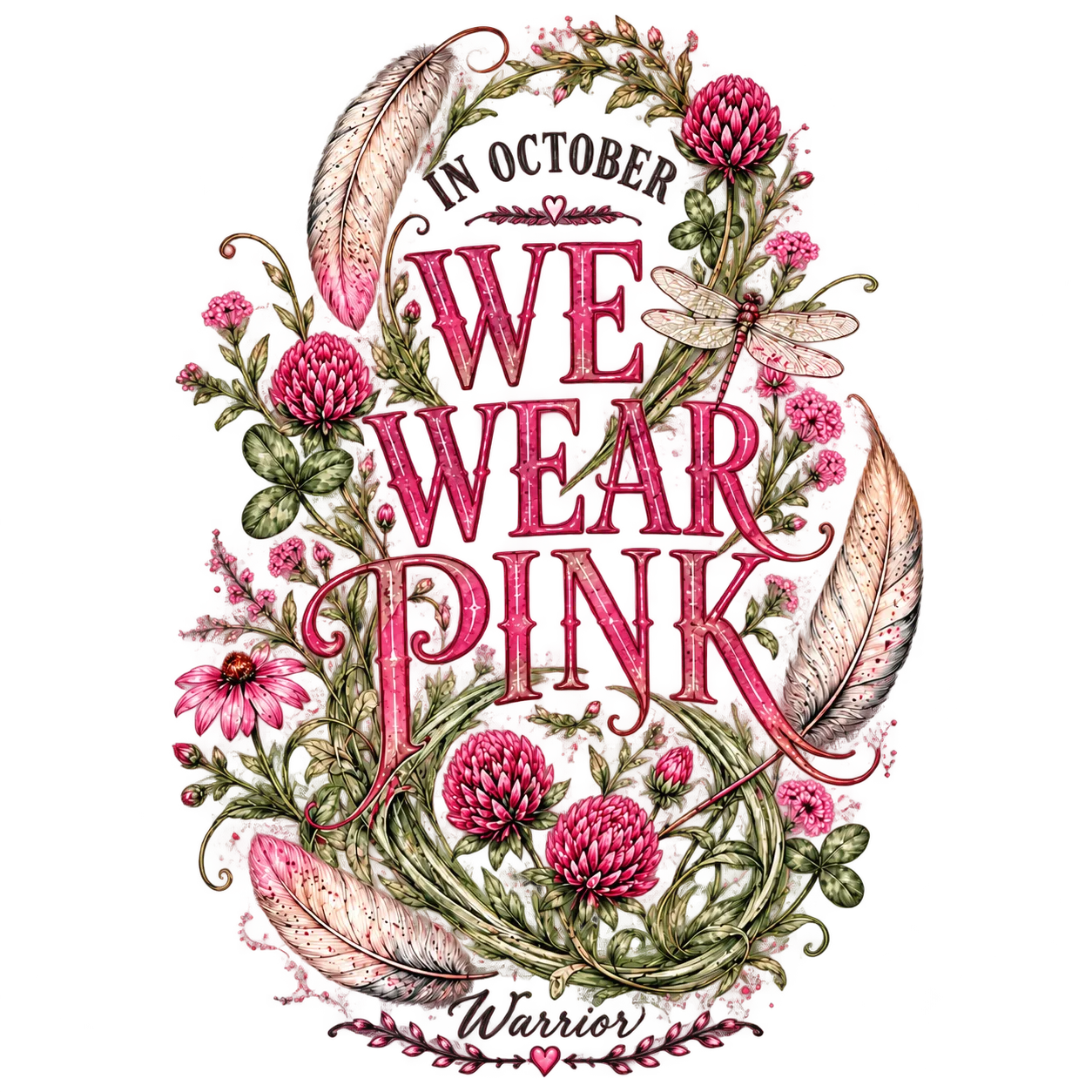 In October We Wear Pink Warrior artwork featuring red clover, feathers, a dragonfly and botanical details