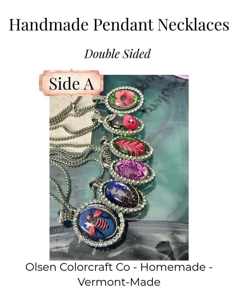 Colorful handmade pendant necklaces showing Side A designs