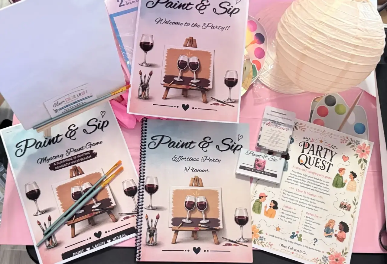 Complete Paint and Sip Ready-to-Celebrate Kit with planner, games, invitations, decorations and art supplies