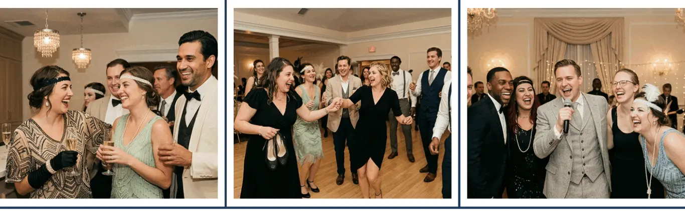 Real Gatsby party celebrations — guests in flapper attire dancing and celebrating