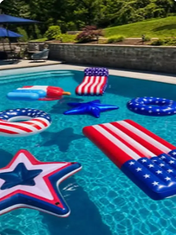 Patriotic pool floats — red white and blue inflatables for 4th of July pool party