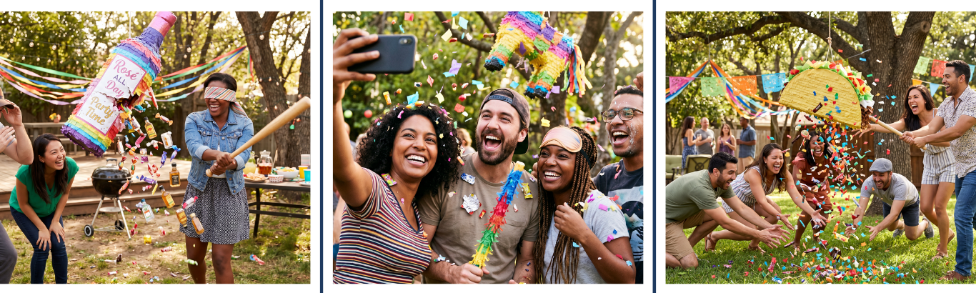 Adult piñata party celebrations — guests smashing piñatas filled with mini bottles and fun surprises