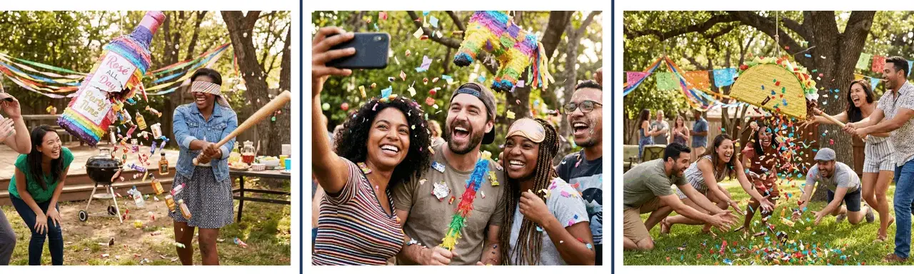 Adult piñata party celebrations — guests smashing piñatas filled with mini bottles and fun surprises