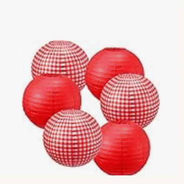 Red Gingham Paper Lanterns — 6 Pcs