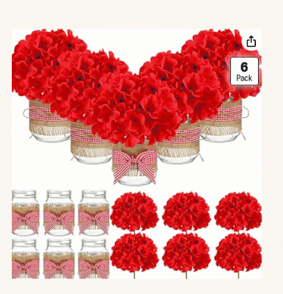 Mason jar centerpieces with red hydrangeas