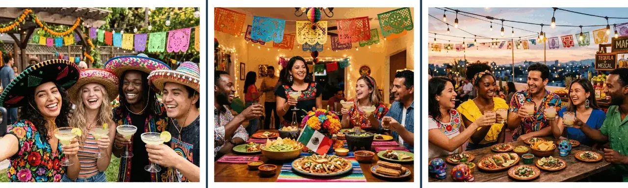 Cinco de Mayo fiesta party celebrations — friends toasting margaritas under papel picado