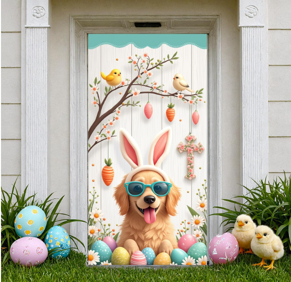 Easter door decoration with dog in bunny ears