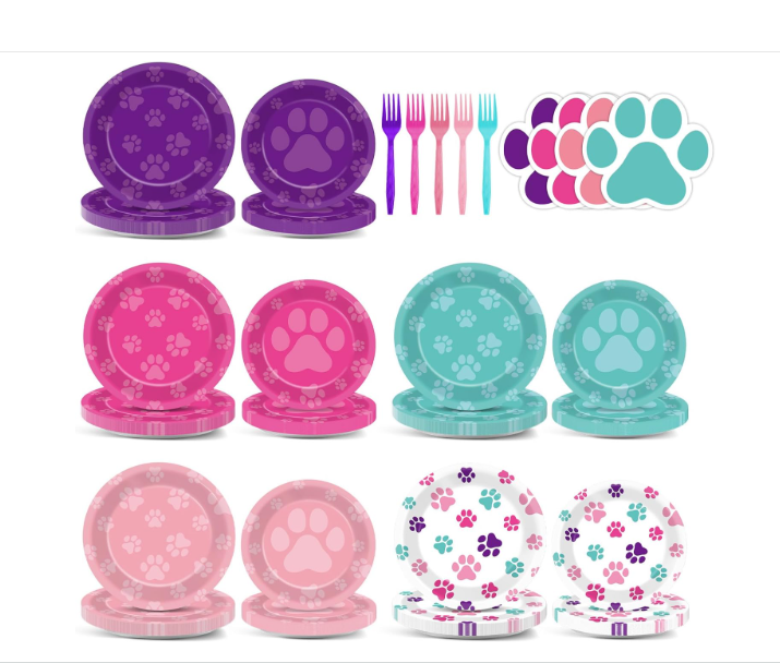 Teal blue pink purple paw print party plates and napkins tableware set