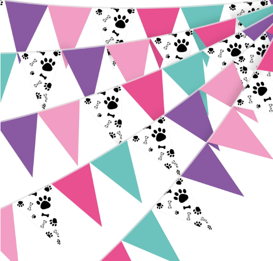 Blue and pink paw print pennant bunting banner 49 feet