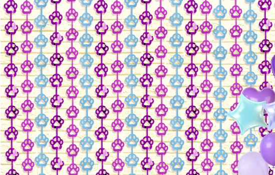Paw print foil curtain backdrop purple and blue streamers