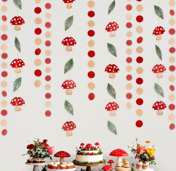 Mushroom party garland woodland decorations fairy tale banners hanging streamers