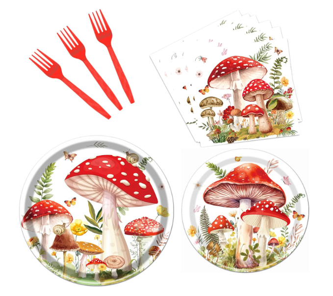 Mushroom party plates napkins and forks tableware set