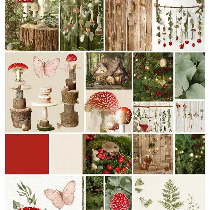 Enchanted Forest Party mood board — mushrooms, fairy lights, cottagecore details
