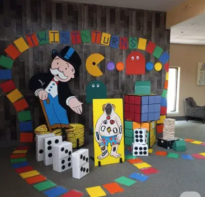Game night party inspiration — colorful board game themed party setup