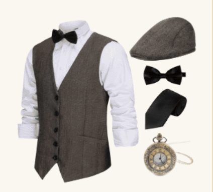 1920s Mens Costume Gatsby Gangster Vest Fedora Hat