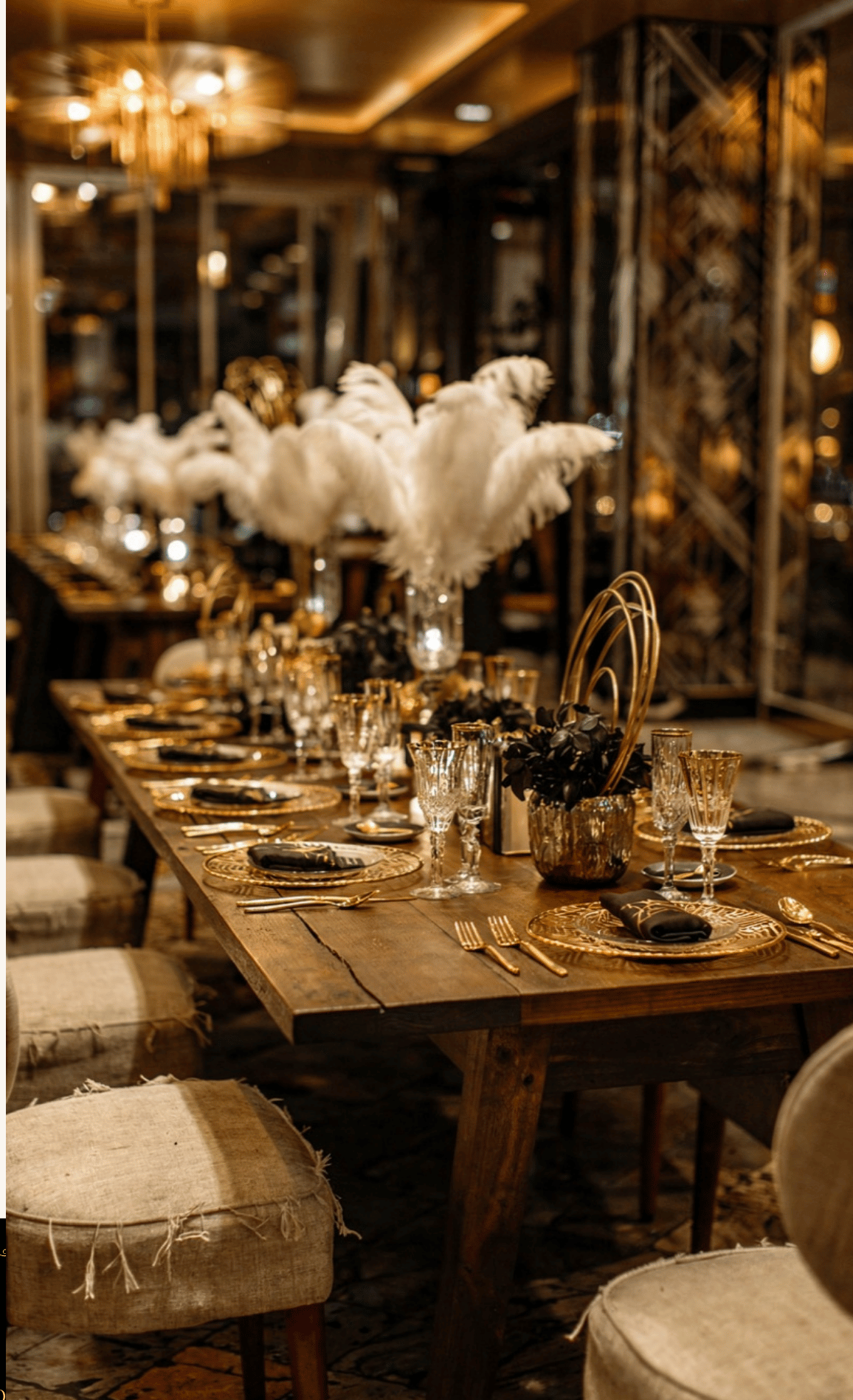 Dramatic Gatsby long dining table with crystal glassware and black napkins