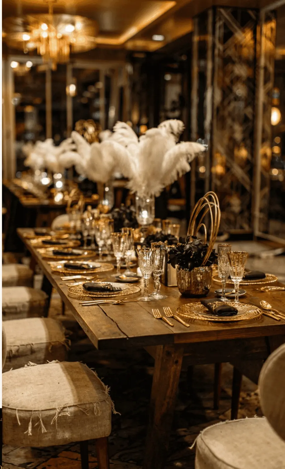 Dramatic Gatsby long dining table with crystal glassware and black napkins