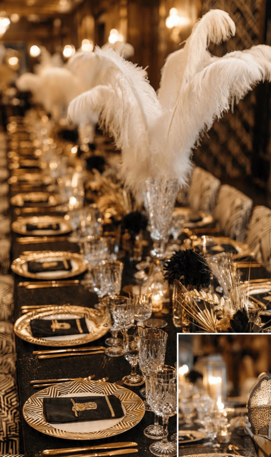 Elegant Gatsby table setting with white ostrich feather centerpieces and gold chargers