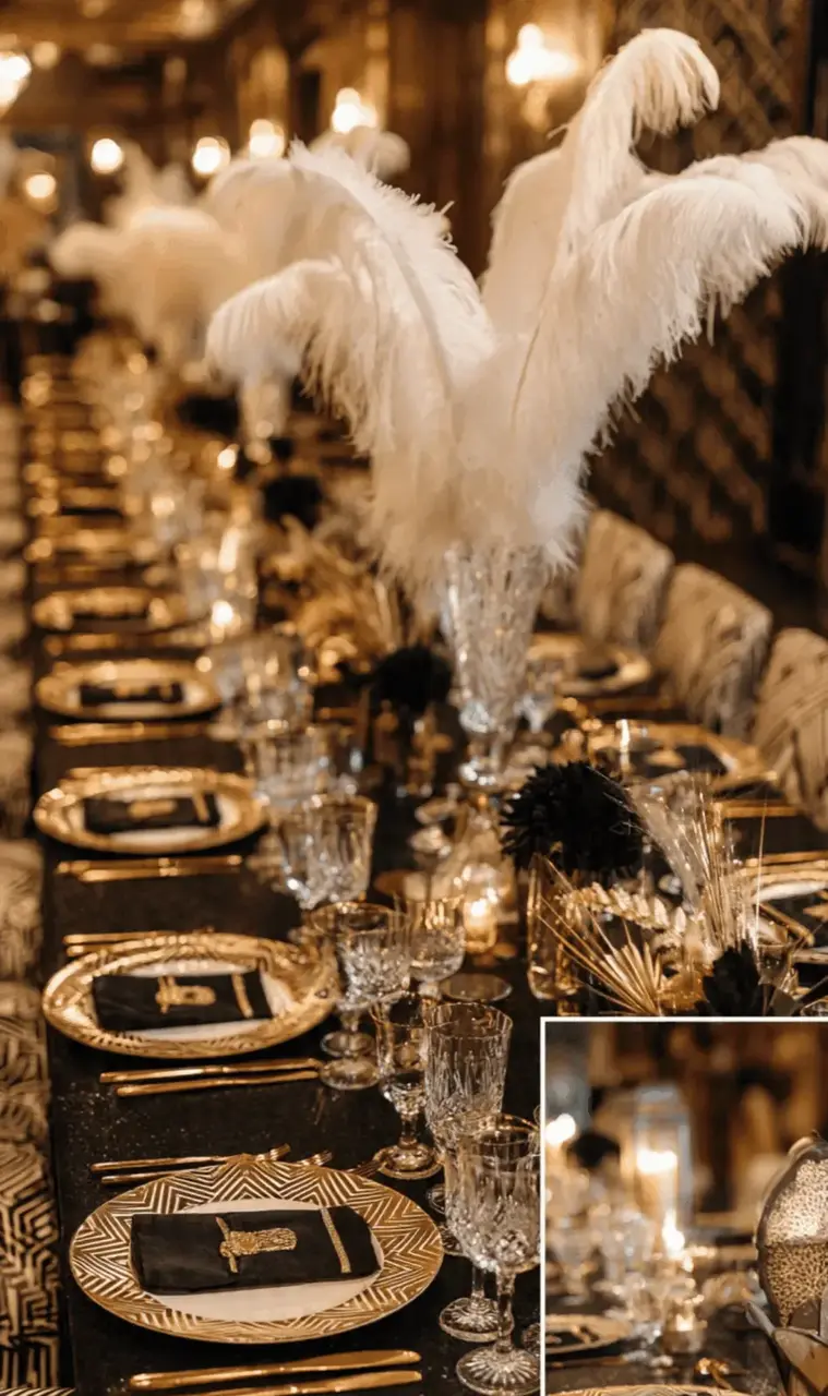 Elegant Gatsby table setting with white ostrich feather centerpieces and gold chargers