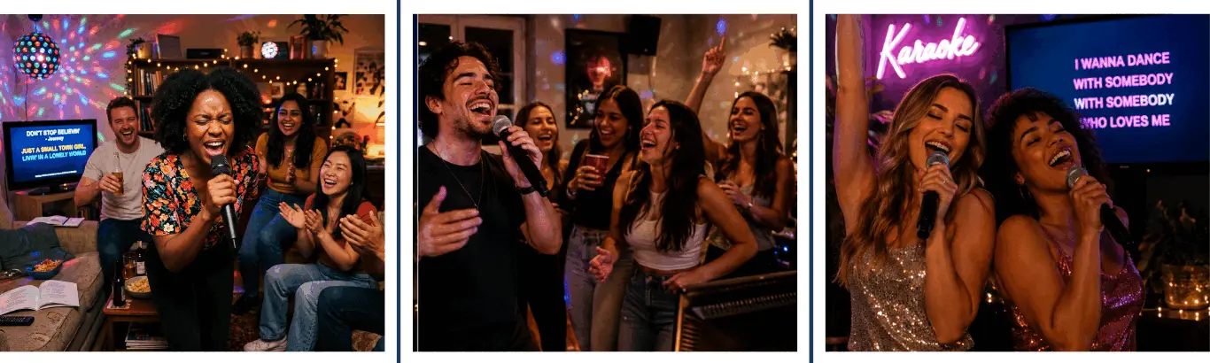Karaoke Night Party — friends singing with microphones, neon signs, and disco ball lights