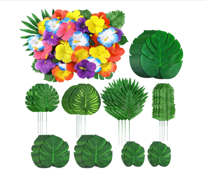 Tropical palm leaves and hibiscus flowers décor set