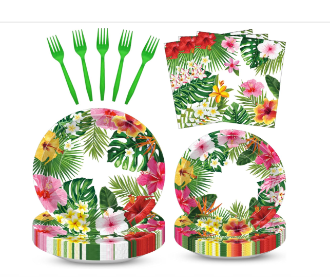 100-piece tropical luau tableware set hibiscus floral paper plates napkins forks serves 25