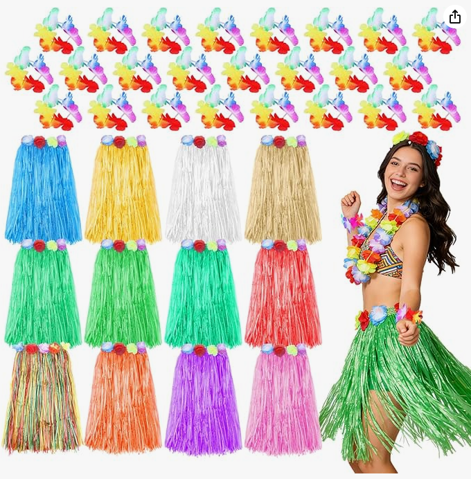 Hula grass skirts bulk set with wristbands