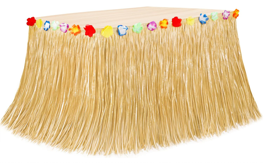 Natural Hawaiian grass table skirt 108x29.5 inch with hibiscus flower trim luau décor