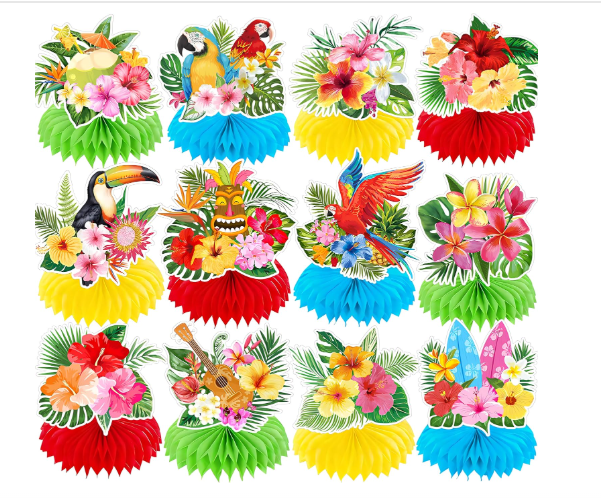 12-piece tropical luau honeycomb table centerpieces hibiscus parrot toucan multicolor