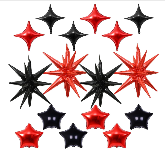 Red and black star balloons foil 4-pointed and pentagram
