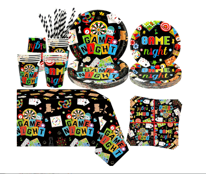 Game Night party tableware set plates cups napkins tablecloth straws serves 20
