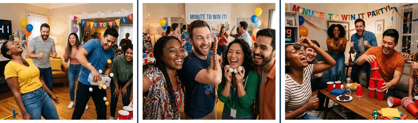 Minute to Win It Party — friends laughing during fast-paced 60-second challenges
