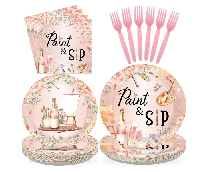 Paint and Sip birthday party decorations plates napkins tableware set serves 24