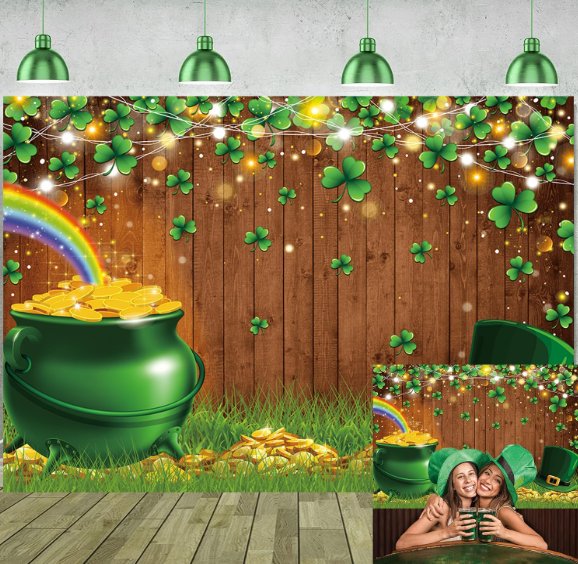Happy St. Patrick's Day photography backdrop with pot of gold shamrocks and rainbow on rustic wood