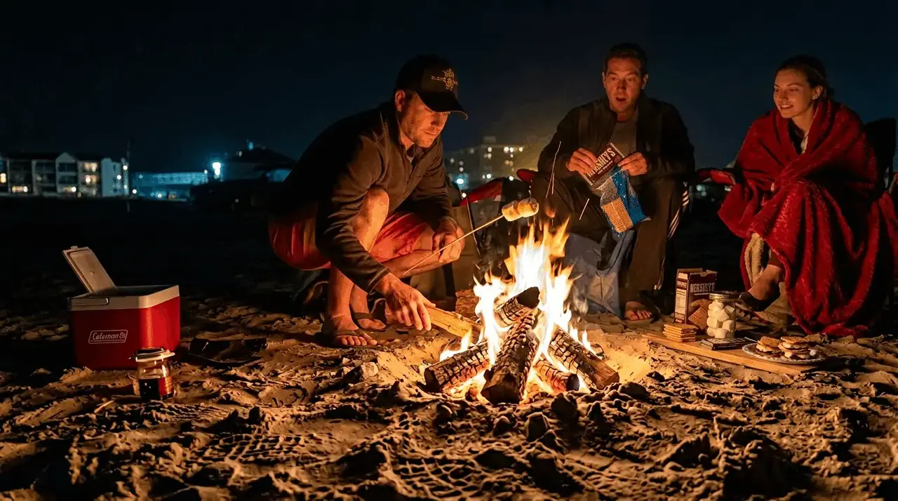 Friends roasting marshmallows around a beach bonfire with s'mores supplies