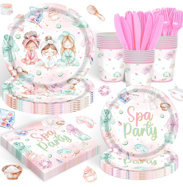 120-piece spa party supplies pink makeup themed birthday tableware plates cups forks serves 20