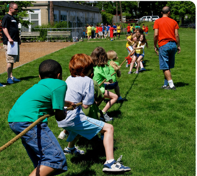 Kids competing in tug of war on a sunny green lawn