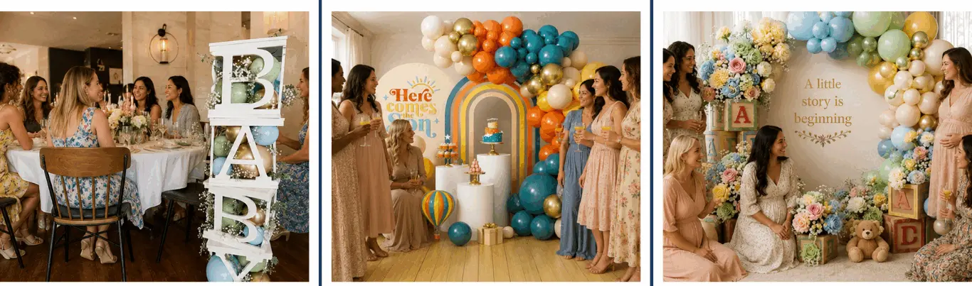 Storybook Blocks Baby Shower — guests celebrating with BABY block tower, balloon garland and retro color decor