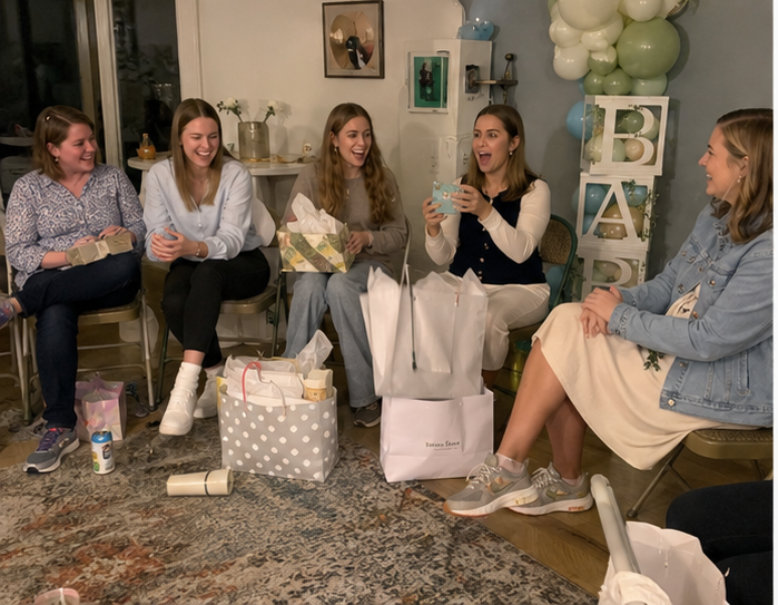 Real blocks baby shower — group opening gifts with BABY balloon boxes and sage green balloon arch