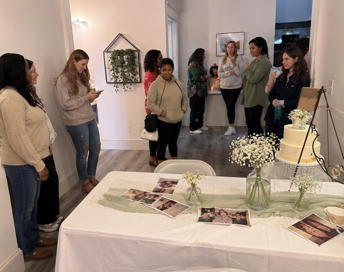 Real blocks baby shower — guests gathered around table with cake, flowers and polaroid photo display