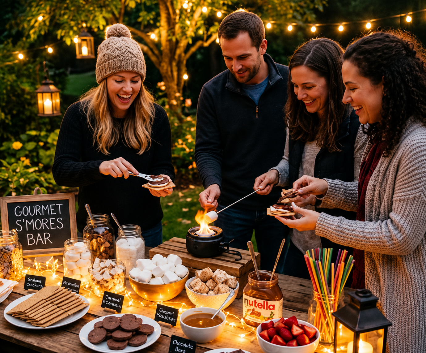 Friends gathered around a backyard fire pit roasting s'mores on a warm evening