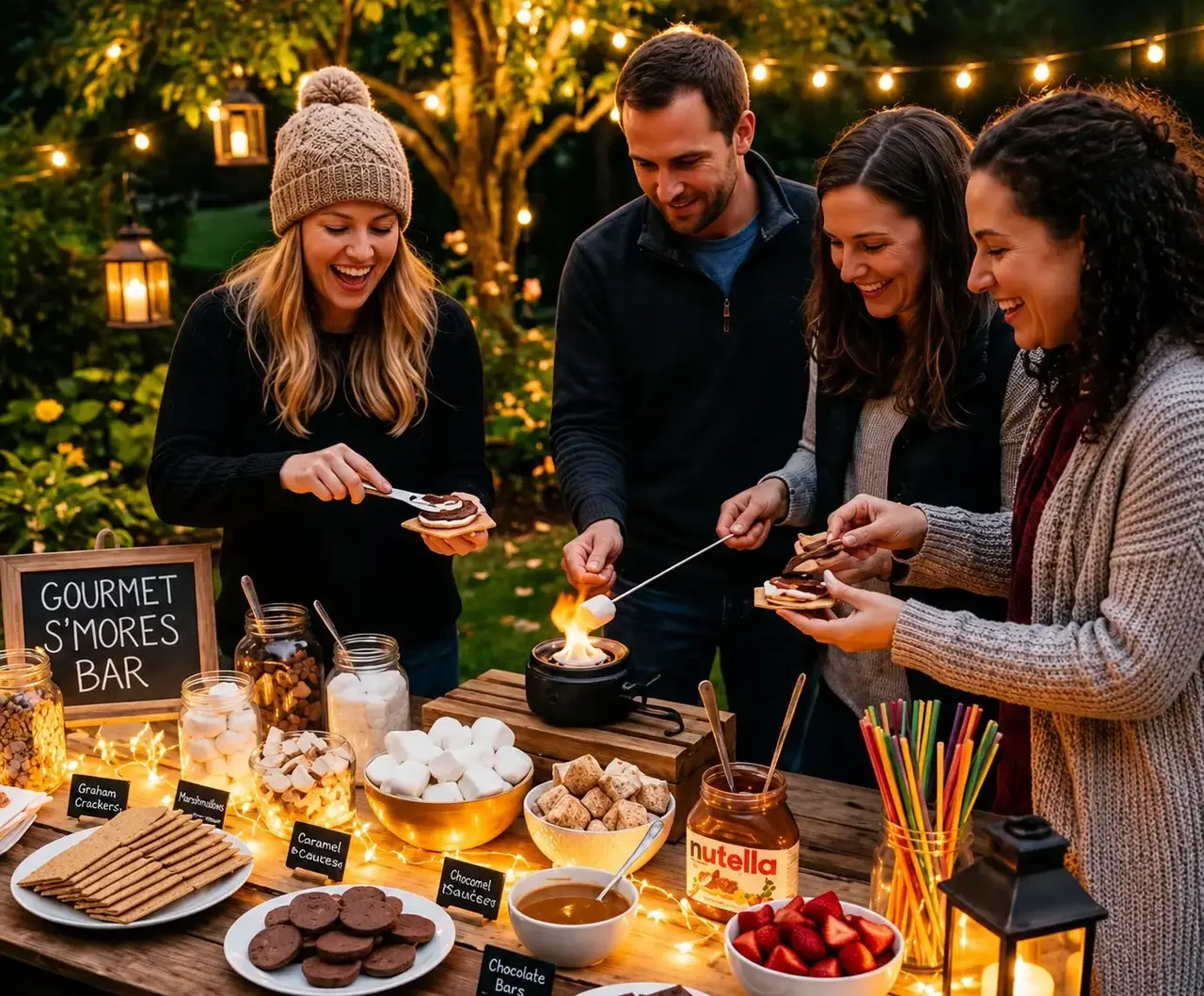 Friends gathered around a backyard fire pit roasting s'mores on a warm evening