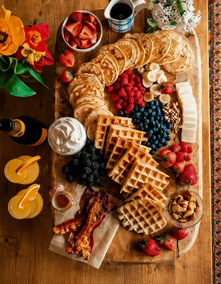 Golden waffle with Nutella and powdered sugar — breakfast for dinner dessert station