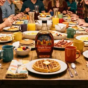 Friends gathered around a breakfast for dinner party table with maple syrup