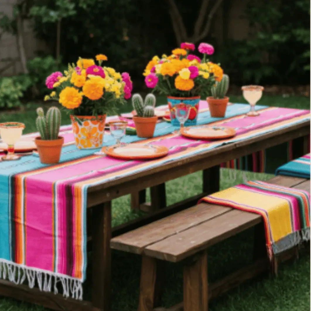Cinco de Mayo fiesta inspiration — colorful serape tablescape with marigolds and cacti