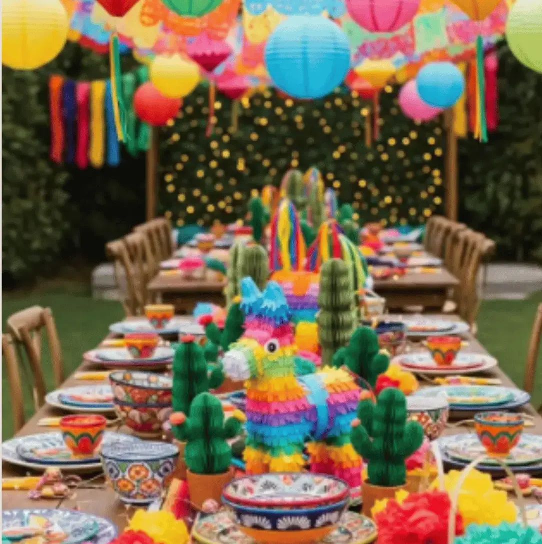 Cinco de Mayo fiesta inspiration — vibrant papel picado backdrop with string lights