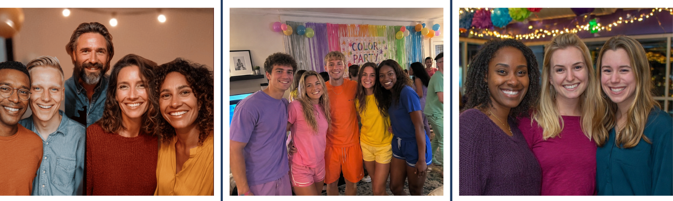 Rep Your Color Party celebrations — guests dressed head to toe in their assigned color