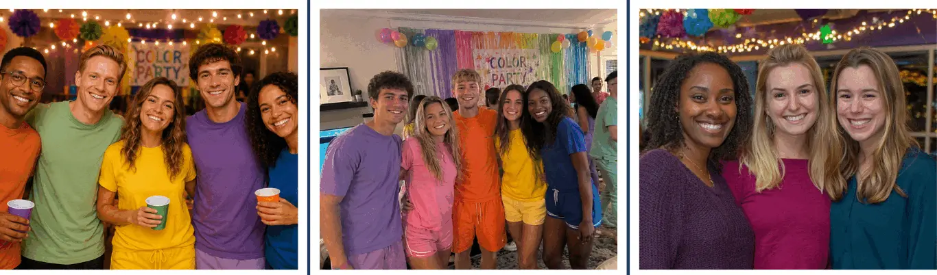 Rep Your Color Party celebrations — guests dressed head to toe in their assigned color