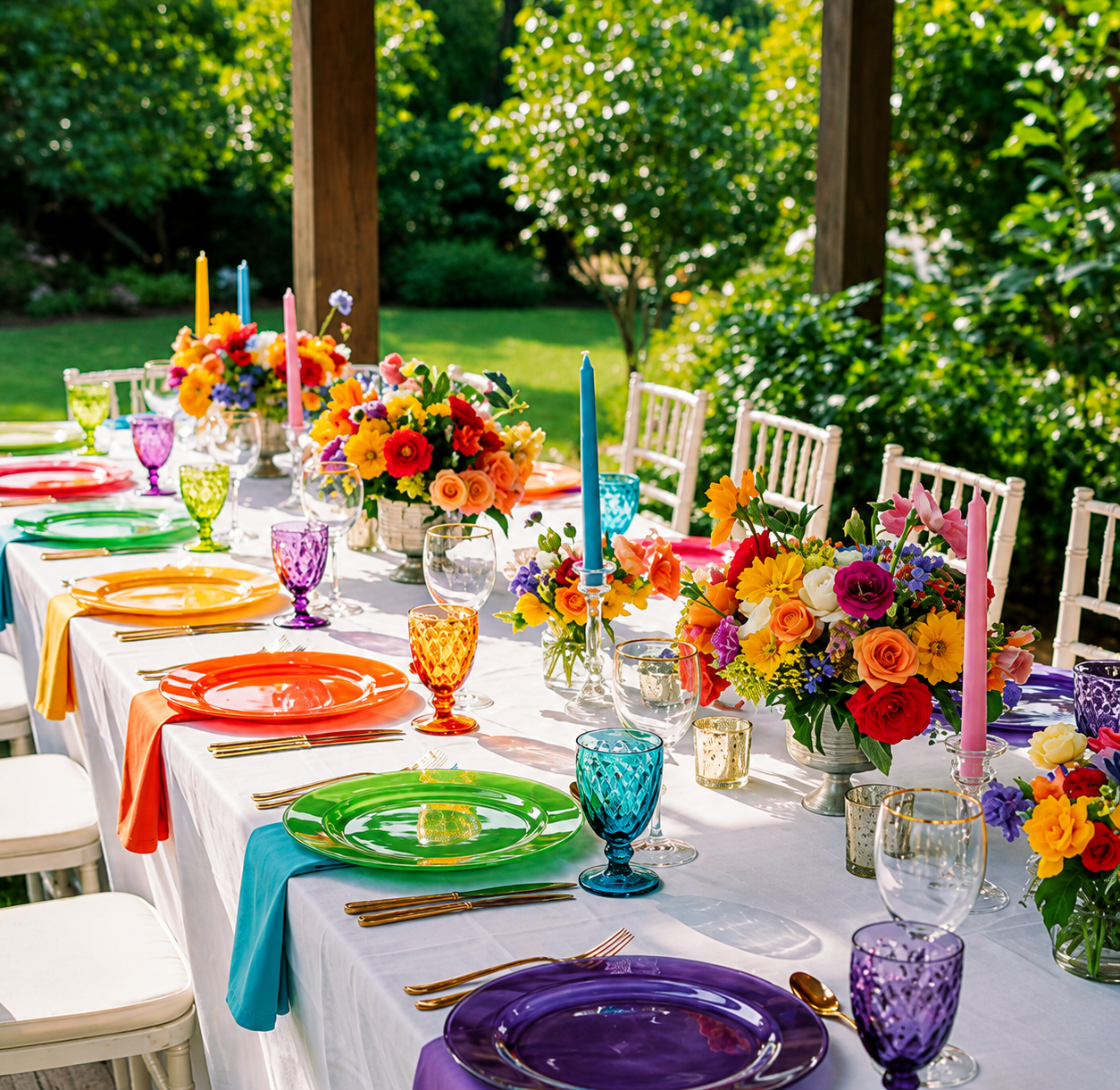 Rep Your Color Party inspiration — rainbow color-coded tablescape with bright chargers and florals